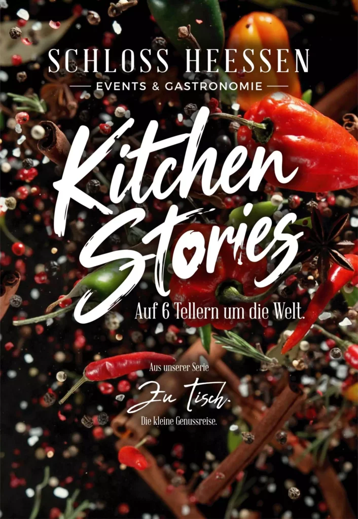 Küchen-Stories-Poster mit Paprika, Chili und Gewürzen